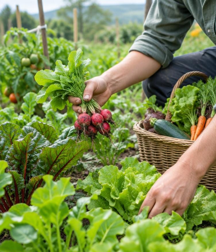 Sfeerbeeld van groenten oogsten in een tuin