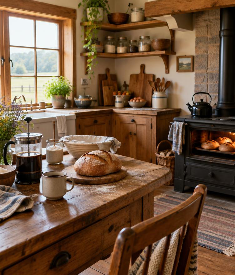 Sfeerbeeld van een boerenkeuken met brood en koffie
