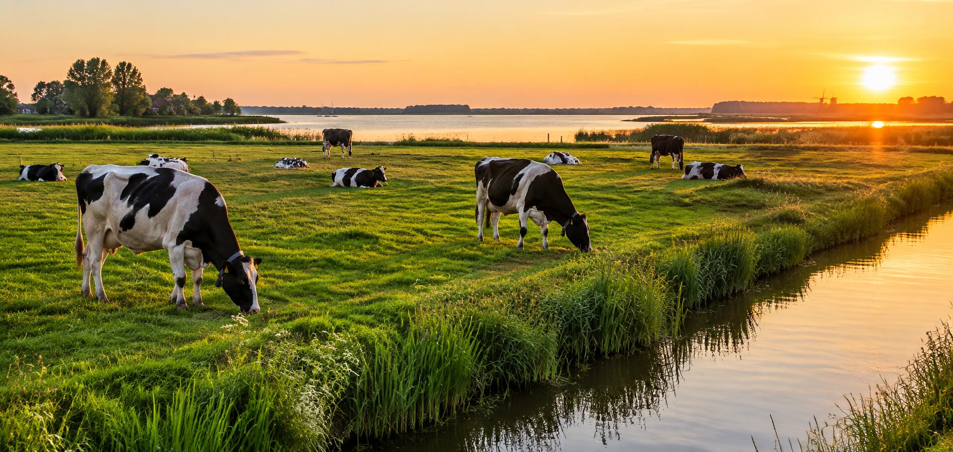 Koeien in een weiland bij zonsondergang